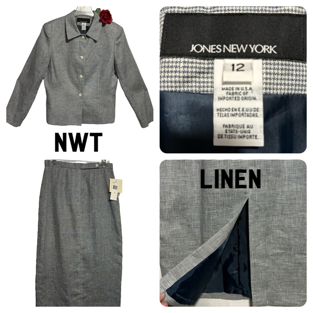 Jones New York 100% Linen Blue-Gray 2 Pc Suit Jacket Blazer Pencil Skirt 12 NWT
